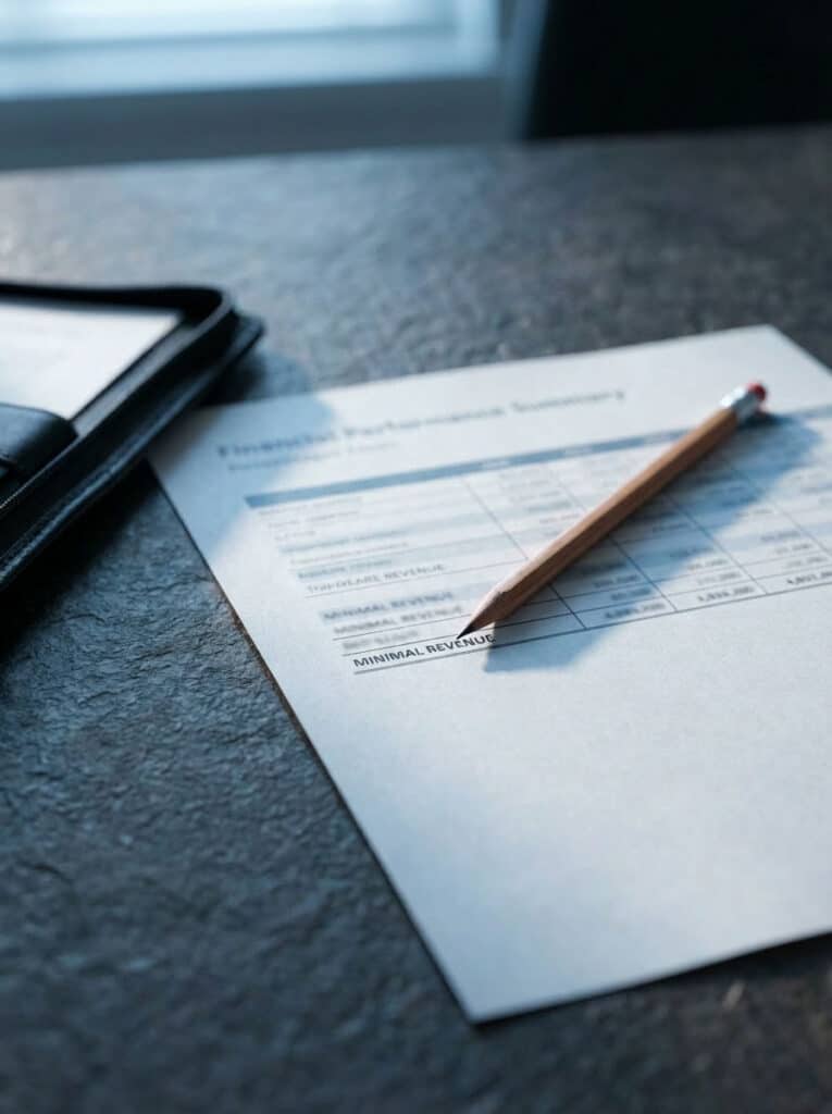 Finanzbericht „Financial Performance Summary" mit hervorgehobener Zeile „Minimal Revenue" und rotem Bleistift auf dunkler Schieferoberfläche – steht für die Ausgangssituation der nordamerikanischen Tochtergesellschaft vor dem Executive-Search-Mandat