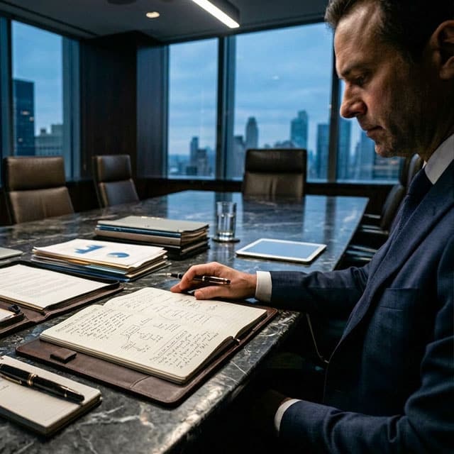 Executive-Unterlagen zur Managementbewertung, Nachfolgeplanung und Organisationsanalyse auf dunkler Marmoroberfläche – symbolisieren HR Due Diligence, Retention und Führungsbewertung bei der Akquisition eines US-Unternehmens