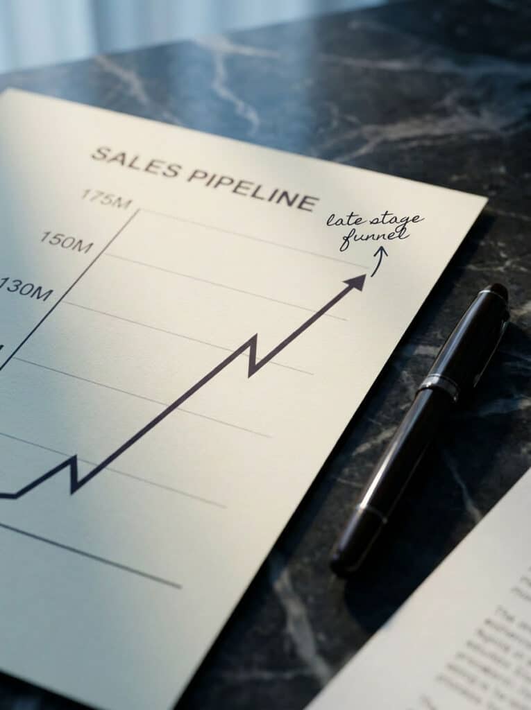 Sales-Pipeline-Grafik mit Umsatzwachstum auf 130–175 Mio. USD und steilem Aufwärtstrend auf dunkler Marmoroberfläche – steht für das Ergebnis des Turnarounds der nordamerikanischen Tochtergesellschaft nach dem Executive-Search-Mandat