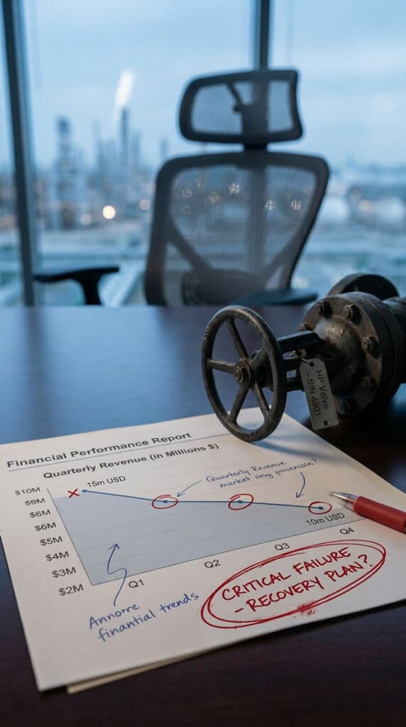 Finanzbericht mit rückläufiger Umsatzkurve, industriellem Absperrventil und leerem Führungsstuhl vor Raffinerieblick – symbolisiert Umsatzrückgang und Führungswechsel als Ausgangssituation eines Executive-Search-Mandats im Öl- und Gassektor in Texas